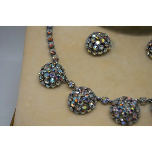 Aurora Borealis Necklace Earrings Bracelet Set 1960s Semicircle Ball Charms  Vtg - Picture 3 of 12